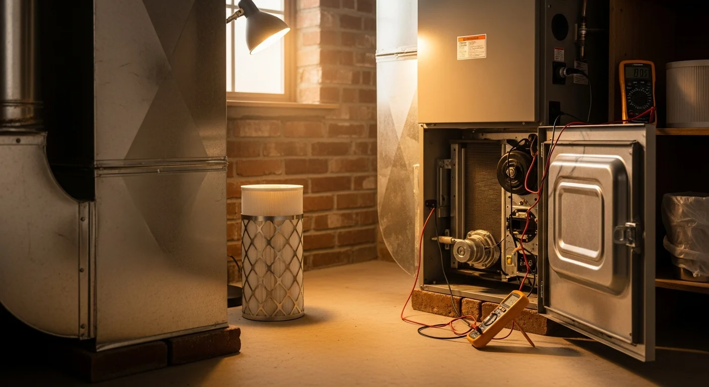 A Legacy HVAC Services technician inspecting the internal components of a residential heating system inside a Hampton, GA home. The technician checks the heat exchanger and electrical connections during an annual maintenance visit.