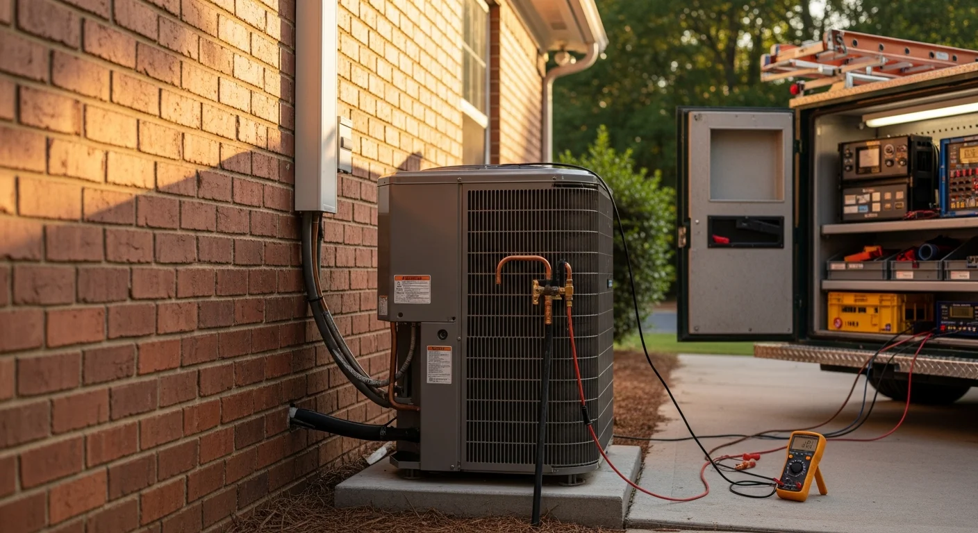 A Legacy HVAC Services technician completing an outdoor condenser unit installation at a single-family home in Hampton, GA. The unit is mounted on a level concrete pad beside the house with refrigerant lines and electrical connections visible.