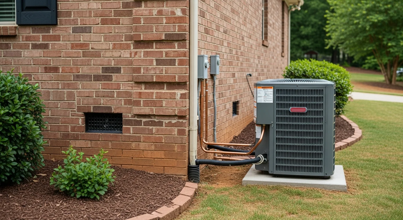 A newly installed HVAC outdoor condenser unit beside a single-family home in Hampton, GA, with clean copper line sets and a freshly leveled concrete pad. A Legacy HVAC Services technician performs a final system check in the background.