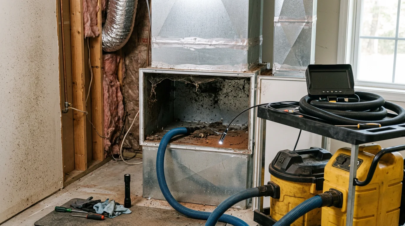A Legacy HVAC Services technician cleaning interior air ducts in a Hampton, GA home, with a high-powered vacuum hose connected to a supply duct register. Dust and debris visible at the duct opening show the buildup common in Henry County's humid climate.