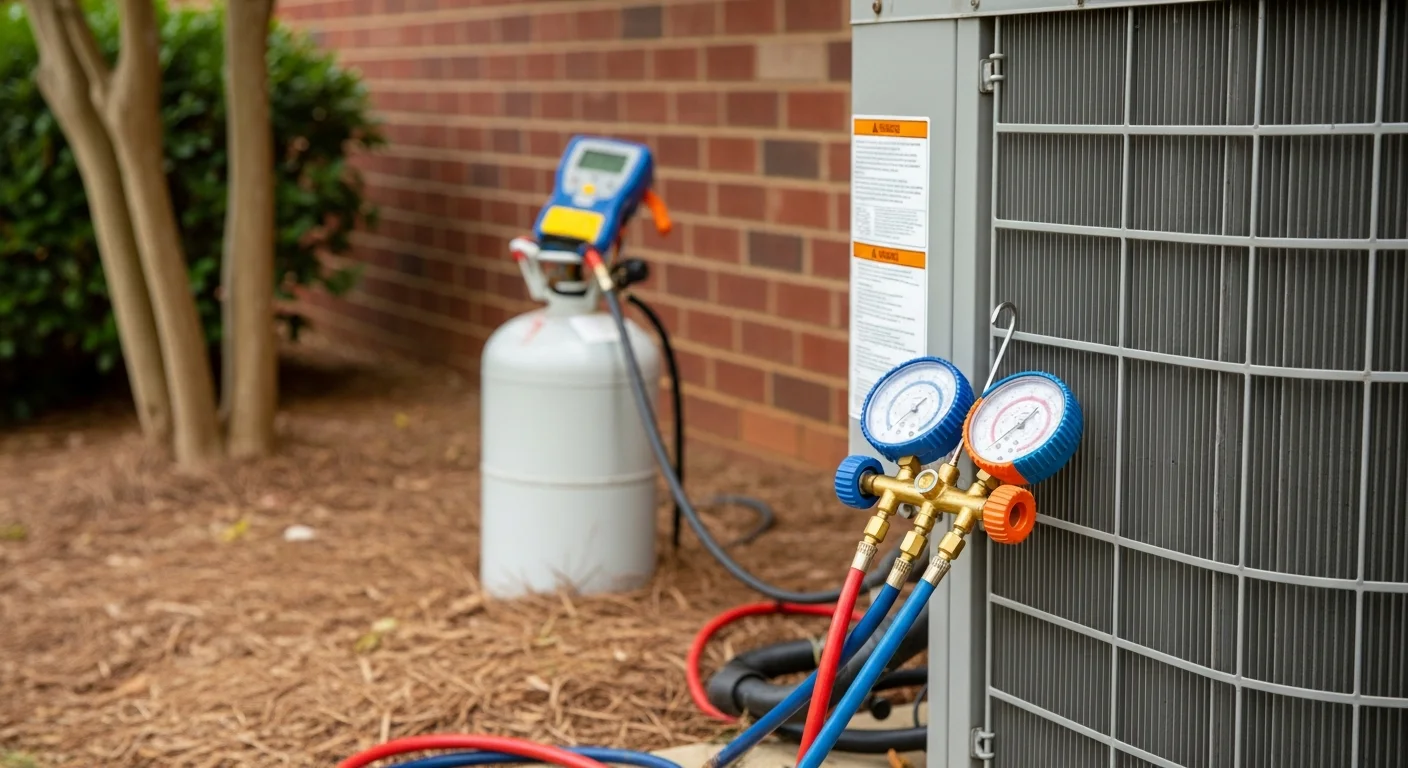 A Legacy HVAC Services technician checking refrigerant pressure on a residential air conditioning unit outside a home in Hampton, GA. The outdoor condenser unit sits on a concrete pad beside the house on a clear summer day.
